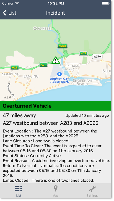 UK Roads iOS Traffic App Incident Detail Screen